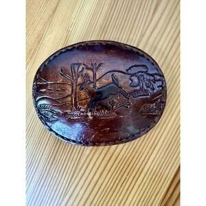 VTG Tooled Leather Deer Wildlife Large Oval Belt Buckle